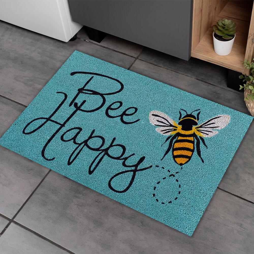 "Bee Happy" Funny Greeting Welcome Doormat, Non Slip Floor Mat for Entryway Living Room and Kitchen, Indoor Outdoor Home Decor