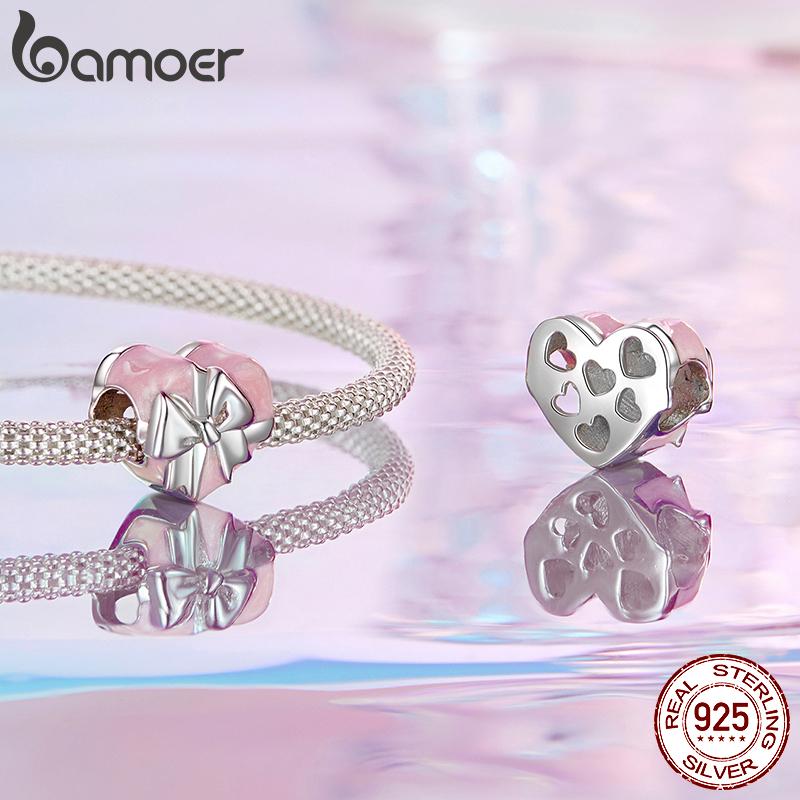 AMOER Solid 925 Srebro Sterling Różowe Serce Charm Koralik pasuje Oryginalna Bransoletka i Naszyjniki Biżuteria Bamoer Infinity Love Charm