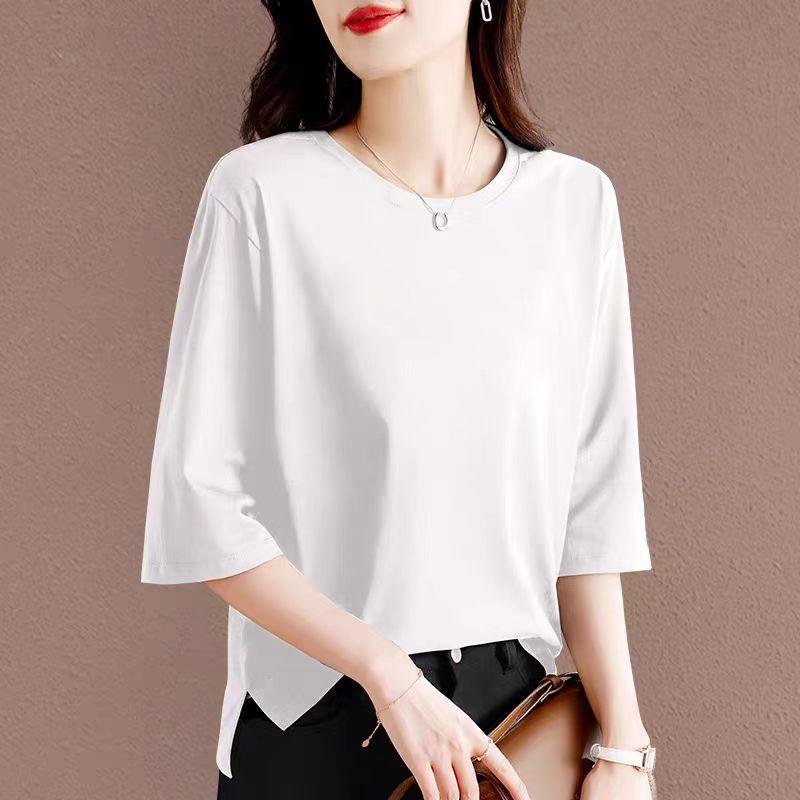 

Крой с этикеткой Чистый хлопок круглый вырез рукава 3/4 Весна и лето Чистый хлопок Чистый хлопок Западный стиль Универсальный топ Модный принт Футболка Тренд White [pure color]] 2XL