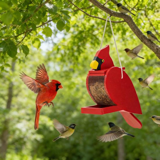 Wood Bird Feeder Red Bird Outdoor Hanging Feeder Birdseed Dispenser Attracts Wild Birds for Garden Yard Patio Decoration