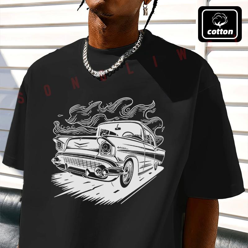 Men's Cotton T-Shirt Classic Car On The Road Graphic Motorcycle Tshirt Men's Casual Short Sleev