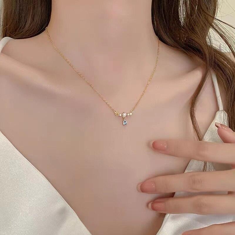 ANENJERY Blue Zircon Water Drop Star Necklace for Women Light Luxury Niche Design New Fashion Clavicle Chain Exquisite Pendant