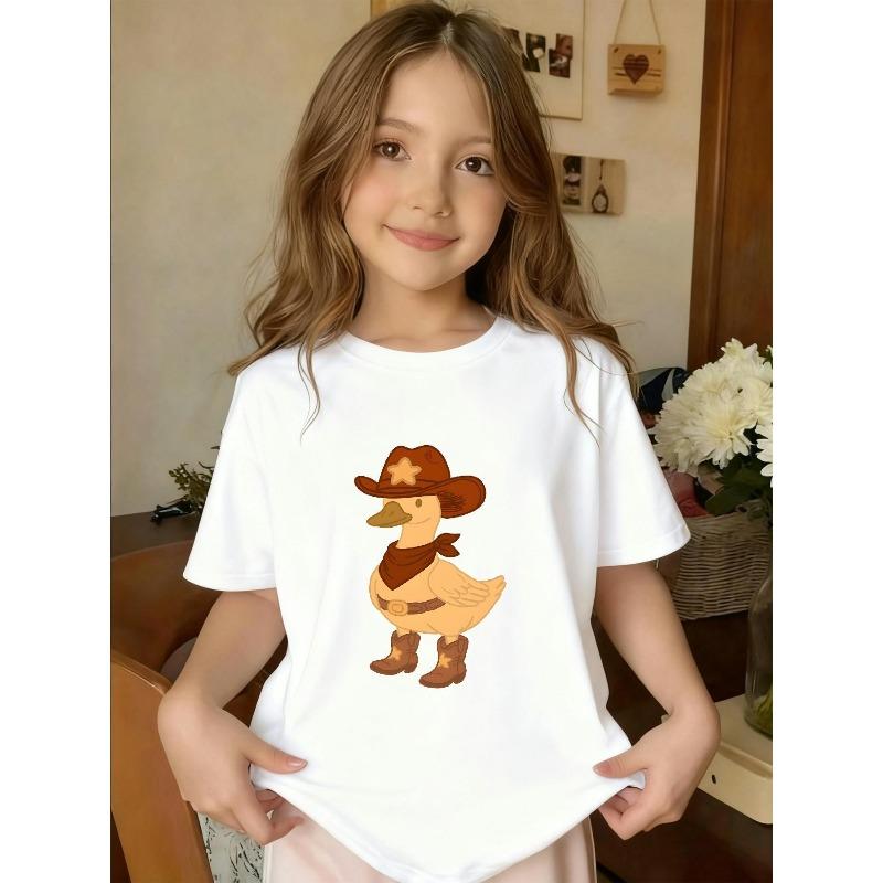 European Sizes Cute Cartoon Cowboy Duck Print, Girls' Black And White Crew Neck Short Sleeve T-Shirt, Casual Comfortable Fashionable Summer Top