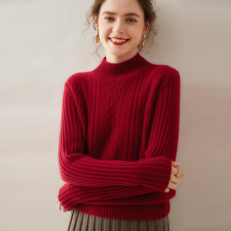 2024 Autumn/Winter Women's Retro Cable Knit Half-High Neck Cashmere Loose Pullover Sweater - Simple Solid Color Base Layer
