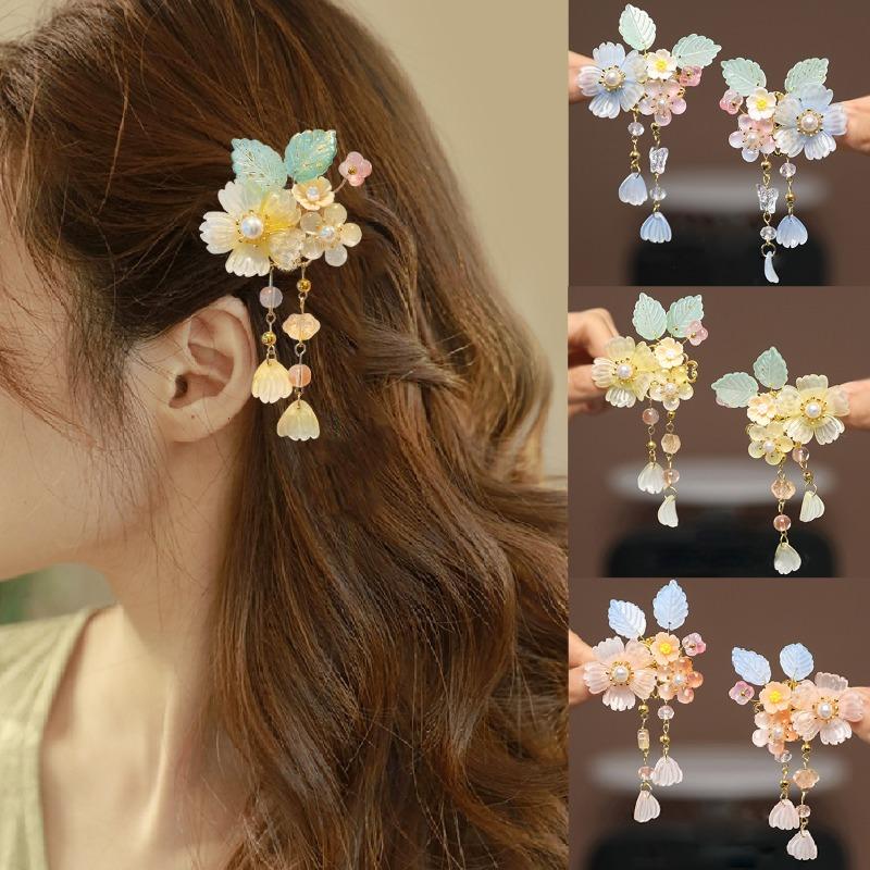 2pcs Chinese Women Hair Clips Flower Pearl Hairpin Vintage Hanfu Decor Barrettes Retro Wedding Headpiece Hair Jewelry Headdress