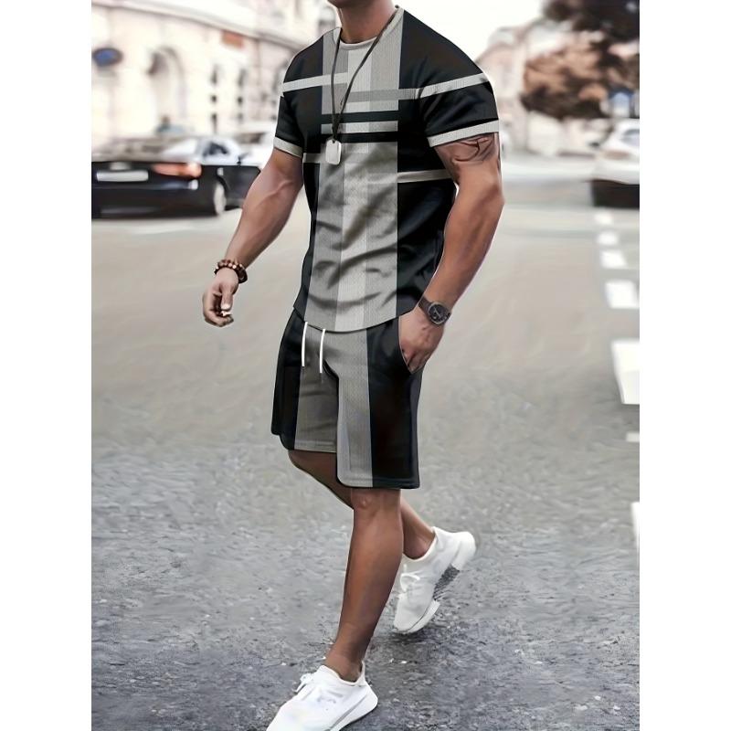Men s 3D printed sports fashion casual T-shirt set S