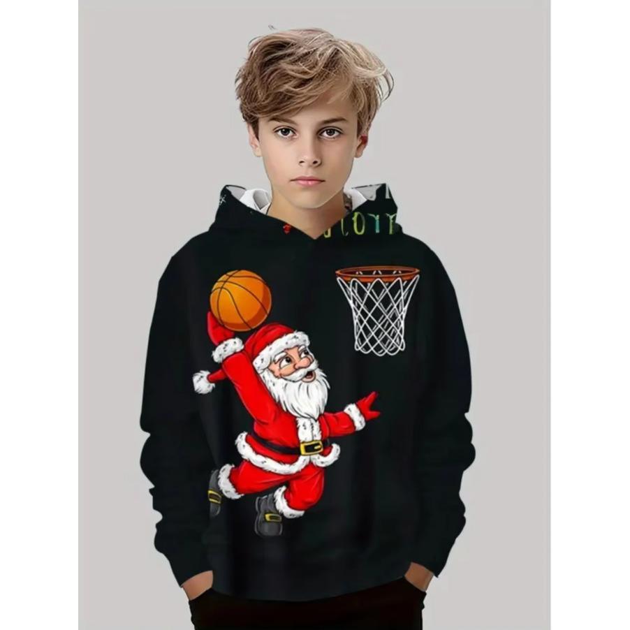 Sudadera con capucha navideña para niños Estampado de Papá Noel Sudadera de moda de dibujos animados para niño niña Ropa infantil para fiesta navideña