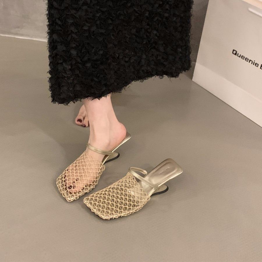 Internet celebrity slope heel mesh bag head half slippers women's shoes wear 2025 new summer breathable sandals