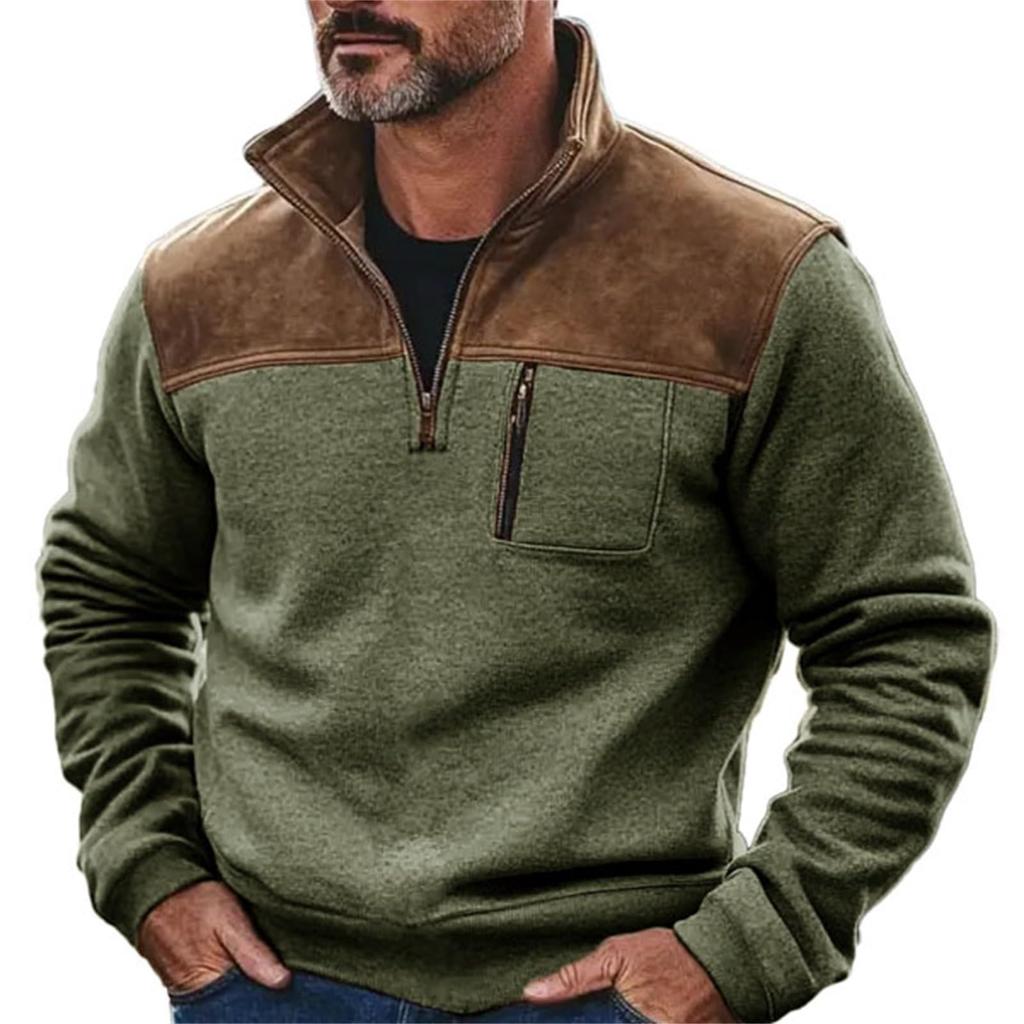 Mens Retro Fleece Sweatshirt With Pocket Color Block Slim Fit Long Sleeve Half Zip Pullover Shirt Trendy
