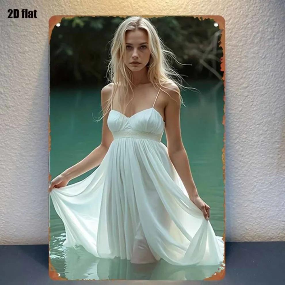 Vintage Dreamy White Dress Lady Metal Sign - Indoor Outdoor Wall Decor for Bedroom Bar Garage Garden