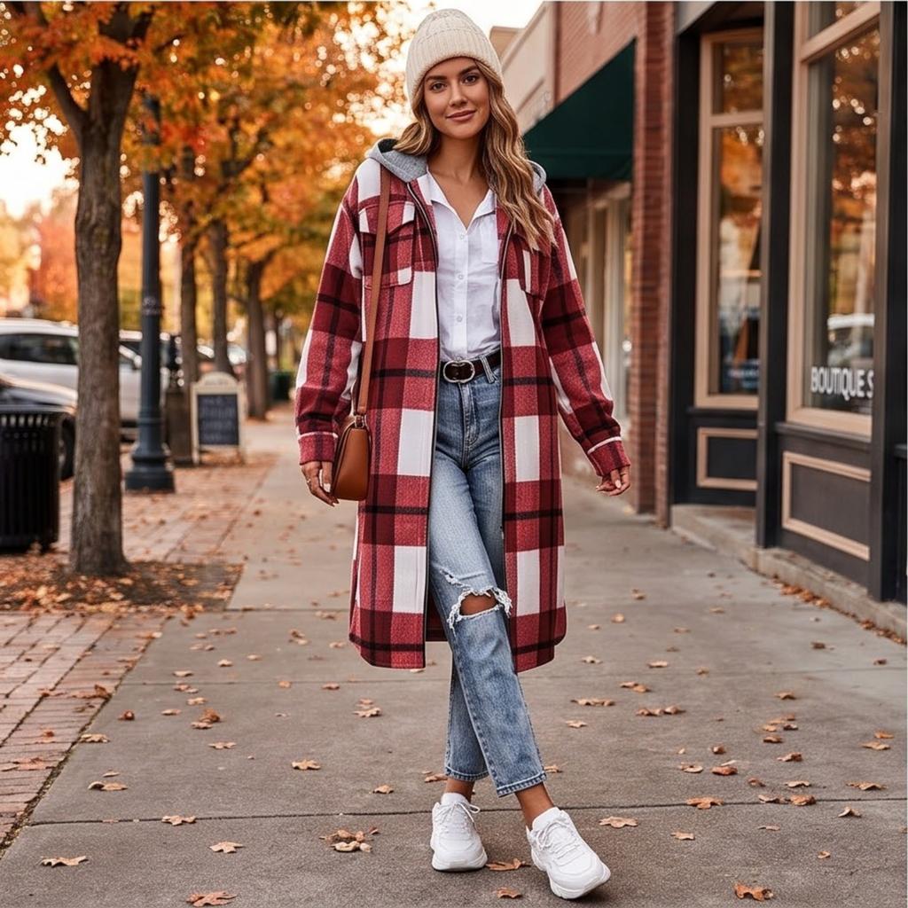 Women's Casual Loose Fit Plaid Zip-Up Hooded Jacket Long Sleeve Outerwear for Fall and Winter