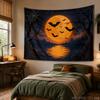 Halloween Tapestry Glowing Jack-o-lantern Row Crescent Moon Bats Spider Web Purple Night