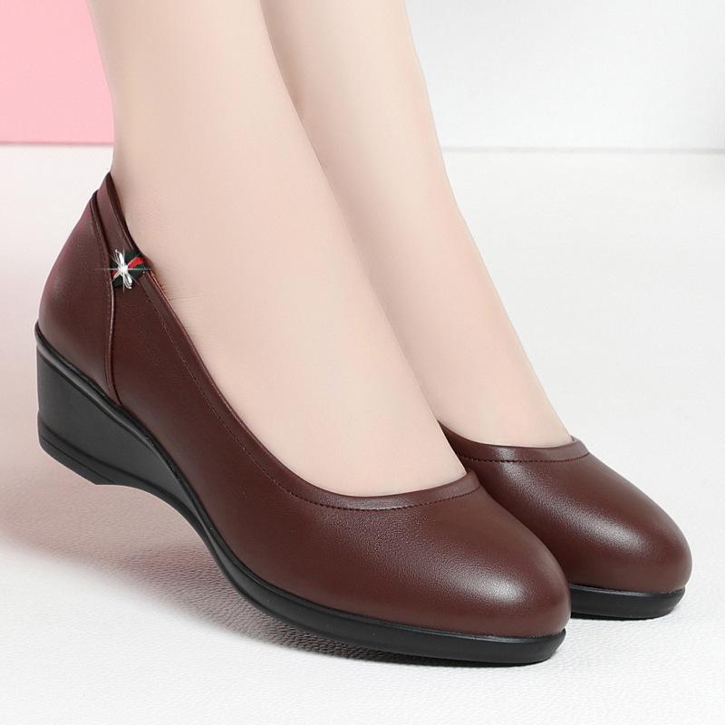 Soft leather soft sole single shoes women's round head low heel, non-slip, wear-resistant, comfortable and versatile work women's shoes