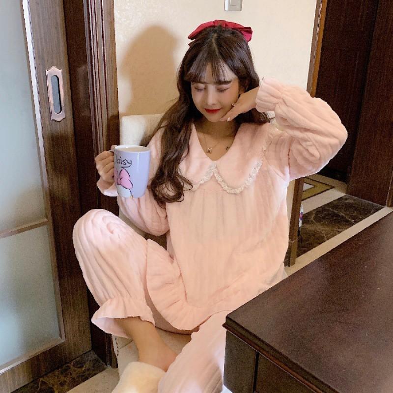 Womens Winter Flannel Pajama Set Thick Warm Cozy Lounge Wear Korean Style Sweet Casual Home Outfit