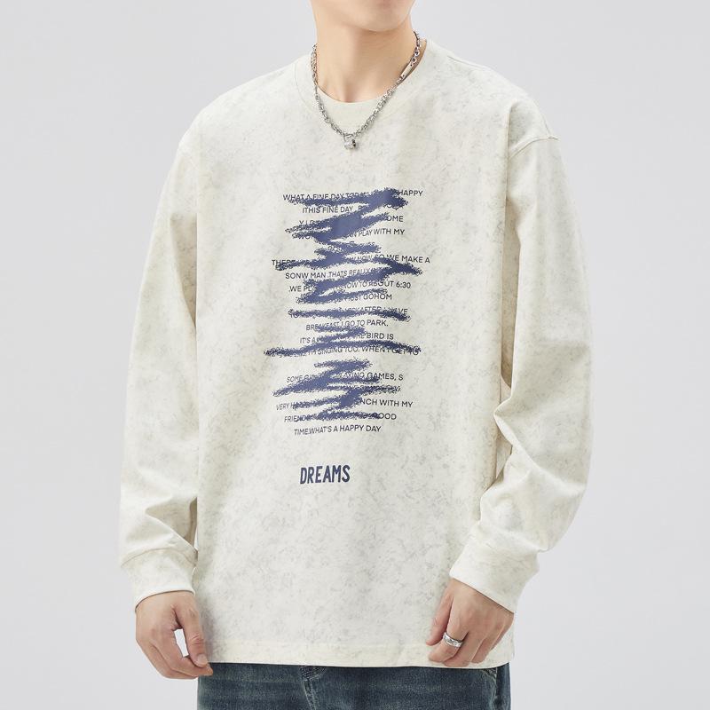 Men's Heavyweight Retro Washed Long-Sleeve T-Shirt - Autumn Edition, Loose Fit, Round Neck, Trendy American Print