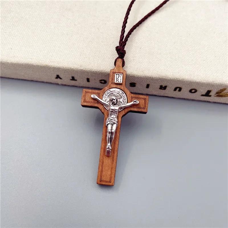 Collana Croce di Gesù Retro Ciondolo Legno Metallo Gioielli Uomo Donna Cattolico Religioso Cristiano Fascino Regalo