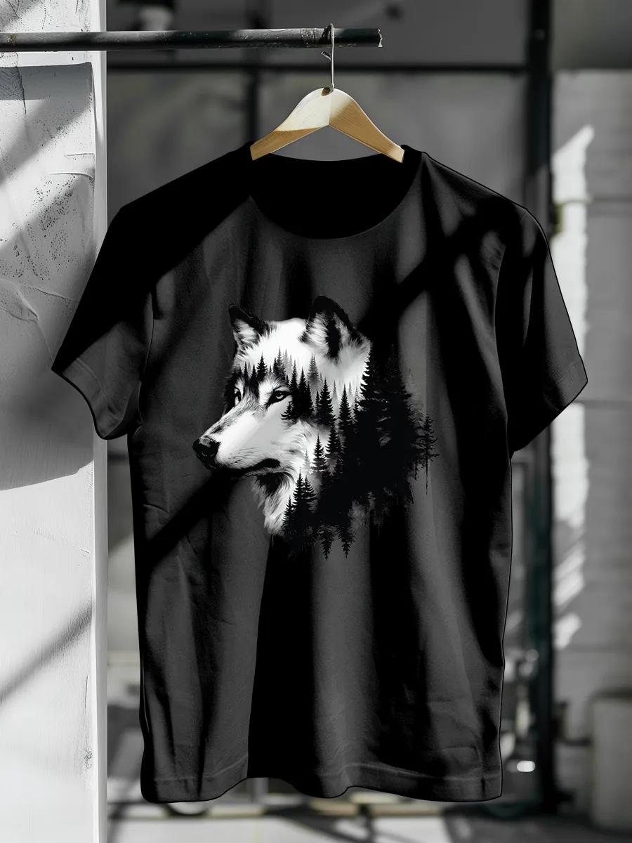 Black T-shirt with Wolf print S