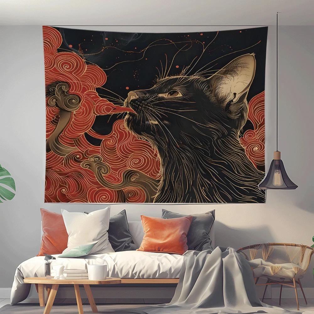 Schwarze Katze mit Gold-Linienzeichnung Wandteppich, Japanisches Wolkenmuster Wandbehang für Schlafzimmer Wohnzimmer Dekoration Wandteppich