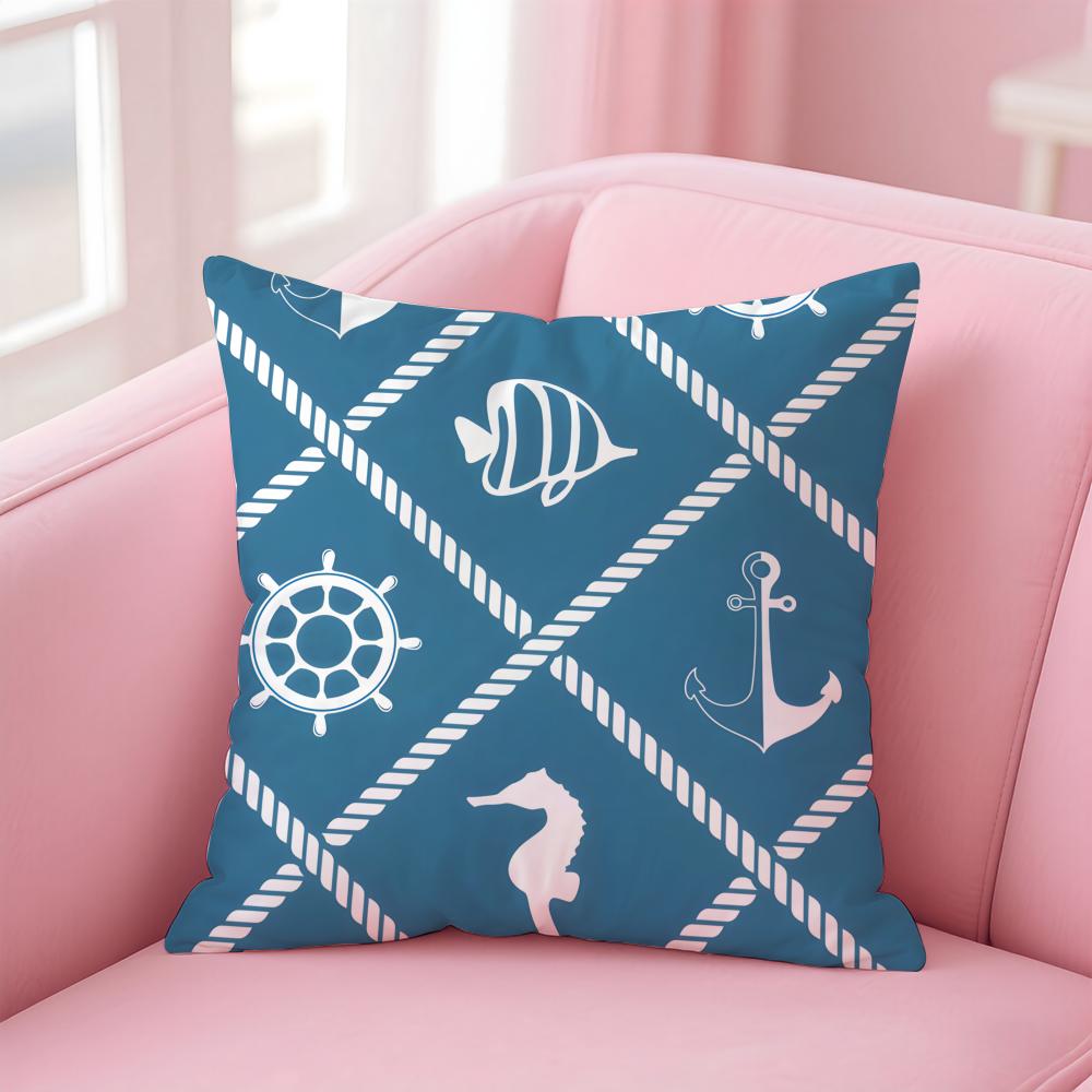 Casual Blue Maritimethemed Pattern Cushion Cover Pillowcase Short Plush Invisible Zipper Room Sofa Cushion Cover