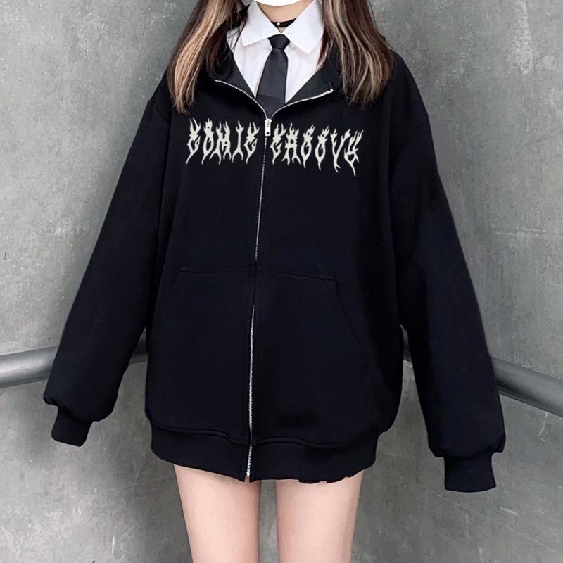 Harajuku Y2K Teufelsflügel Hoodie Jacke in Schwarz – Unisex Herbststil mit Reißverschluss und Kapuze