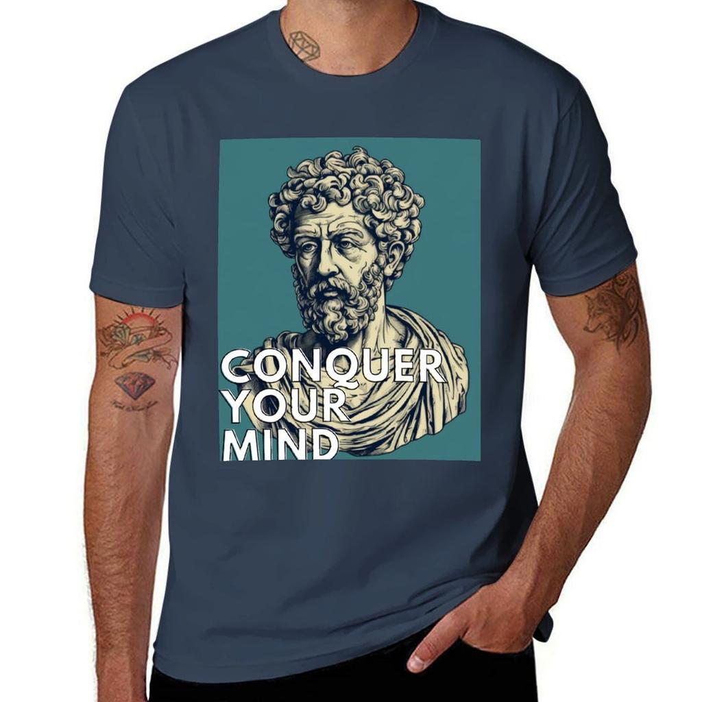 Stoics Illustration Marcus Aurelius Conquer Your Mind Tshirt Big Size Short Sleeve Tee For Unisex
