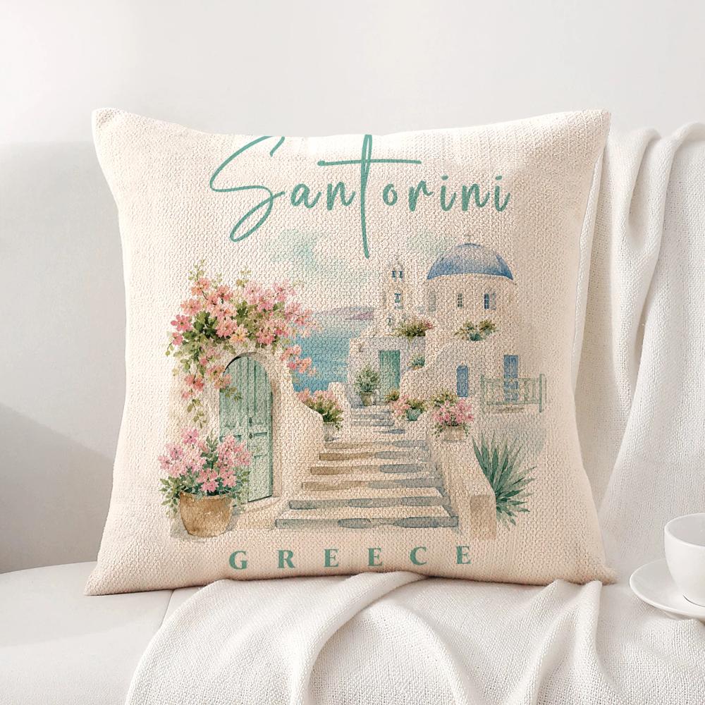 Greek Santorini Cushion Cover Linen Organic Fabric DoubleSided Printing Sofa Breathable Home Decor Gift Pillow Case