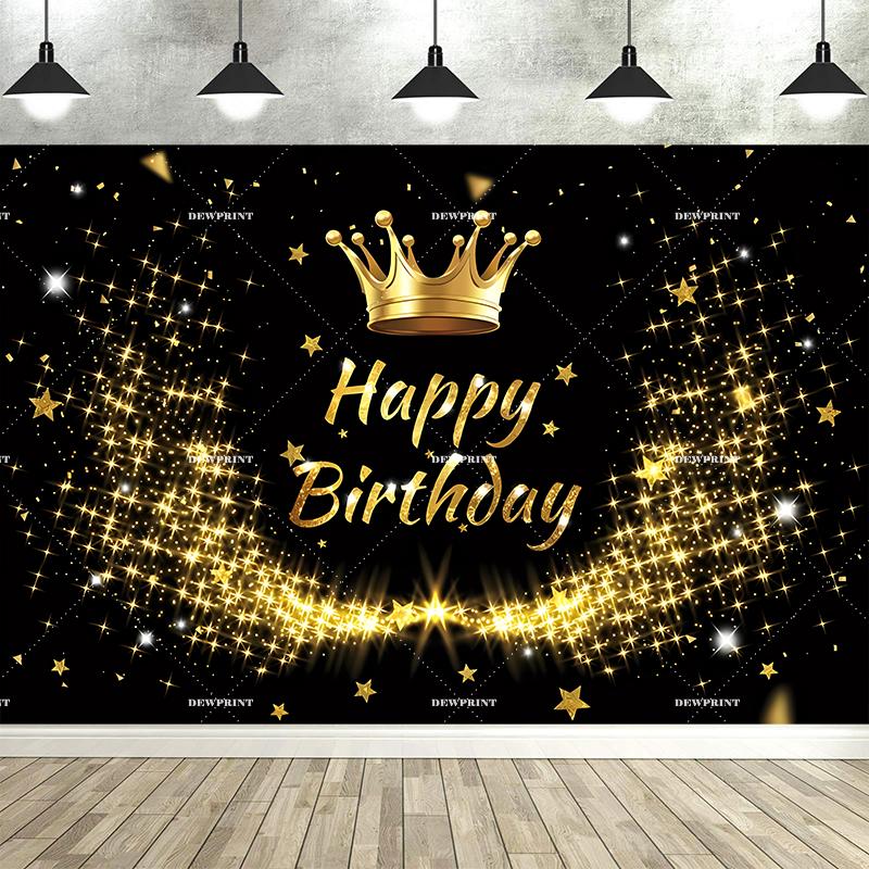 Happy Adult Birthday Black Gold Sparkling Balloon Banner Background, Children's Birthday Party Decoration Photography Background