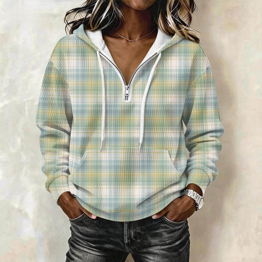 Women's Long Sleeve Drawstring Hoodie with Striped Plaid Print Pullover Sweatshirt