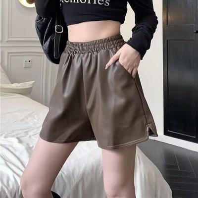 Women's Fall Spring Fashion Versatile PU Leather Shorts Elastic Waist Mini Leather Pants Girlfriend Style Hot Pants Mini Shorts