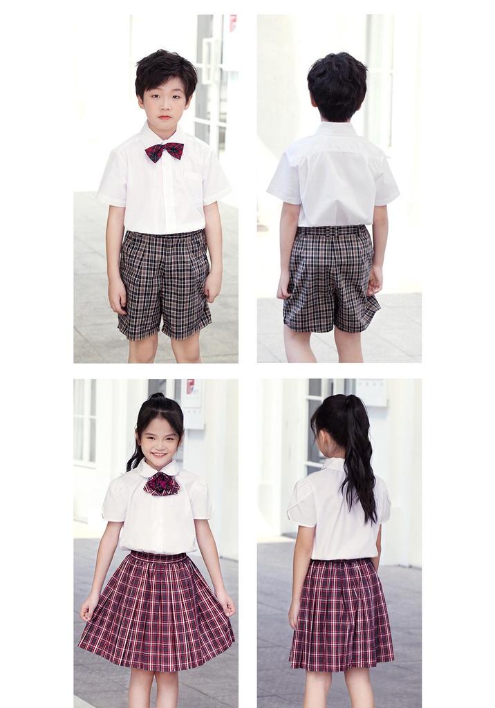 Shenzhen School Uniform Summer Set for Primary Boys & Girls: Short-Sleeved Shirt, Plaid Pants, Skirt, Short Skirt, and Bow Tie