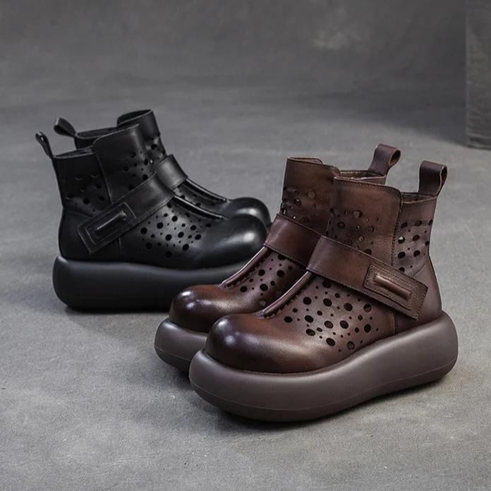 Johnature Retro Breathable Hollow-out Summer Boots Genuine Leather Short Boots Versatile Women's Flat Platform Shoes
