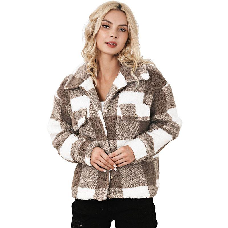 

2024 Winter New Arrival Stuffed Plaid Jacket Outwear Women European and American Fashion & Trend Contrast Color Lapels Long Sleeves Outwear Women Khaki Size XL fit (70.00 kg-75.00 kg