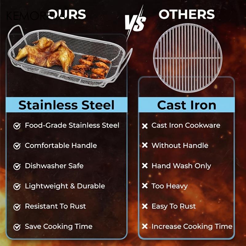 Stainless Steel Grill Basket, Square BBQ Basket with Handle for Vegetables Chicken Meat Fish, Outdoor Cooking Grilling Tool
