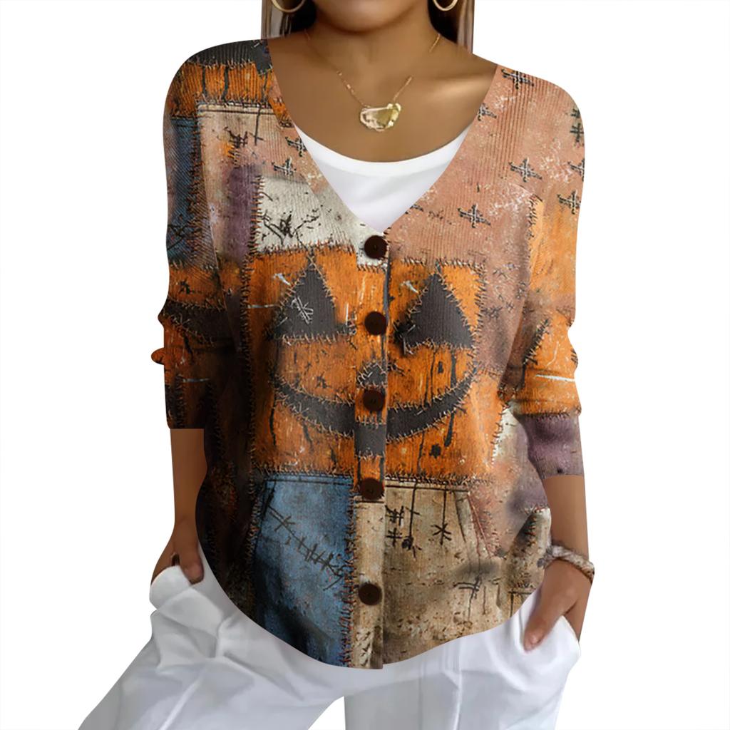 Women's Fashion Casual Knit Sweater Button-Up Halloween Printed  Cardigan Jacket