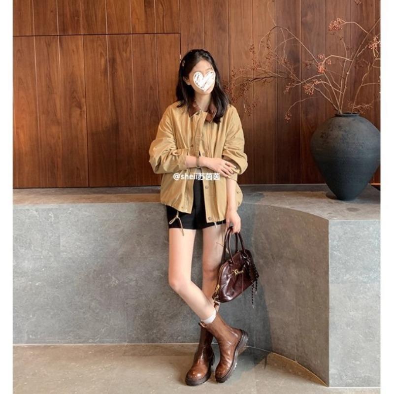 [] Women's Boots~ Washed Horse Pattern Folded Thick-soled Chelsea Elastic Martin Short Boots Women's Smoke Boots
