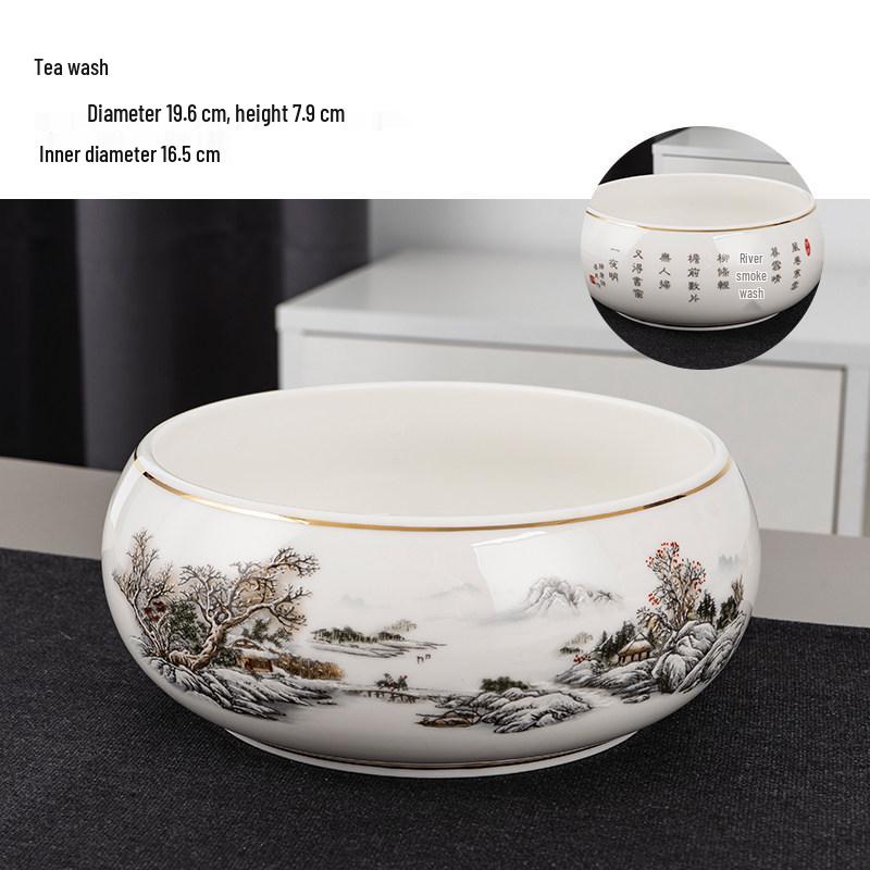 Large Chinese Style Blue and White Porcelain Tea Wash Basin and Cup Washer with Lan Ting Xu Calligraphy - Retro Ceramic Brush Washer