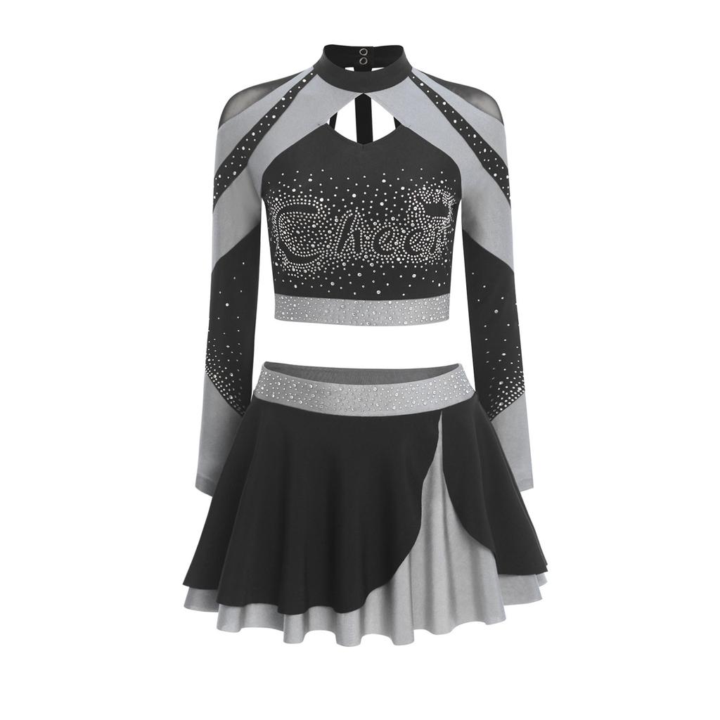 Womens Cheerleading Outfit Two Piece Long Sleeve Hollow Out Crop Top Skater Skirt Sparkle Rhinestone Apparel