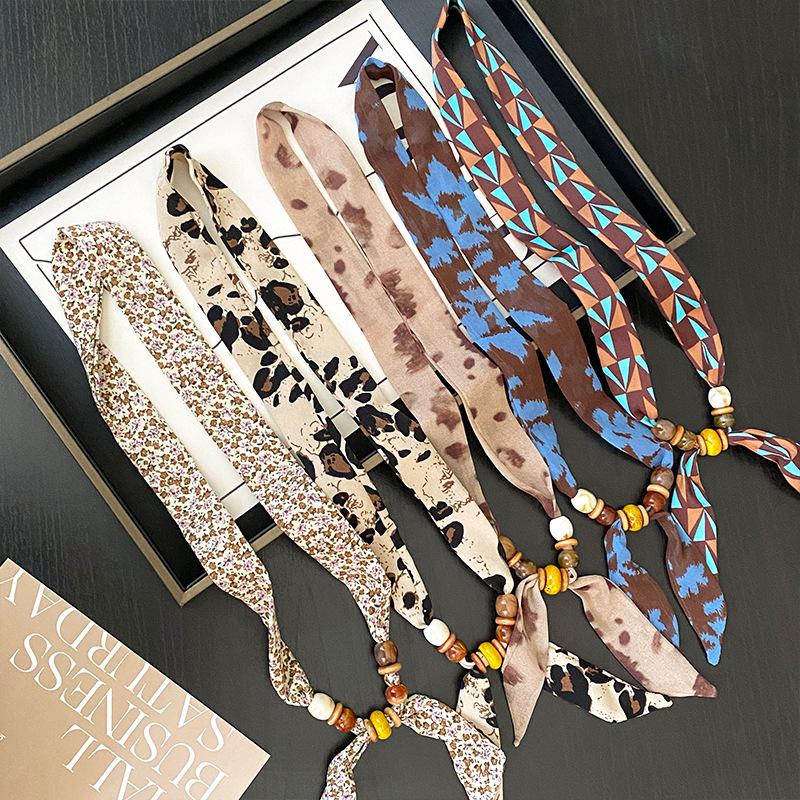 Retro Style Beaded Long Scarf Chain Necklace for Women Fashion Accessories Necklace Scarf Hijab Tie Bag Handle Ribbon Hairband