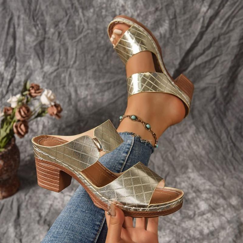 

Летние шлепанцы на высоком каблуке для женщин. Туфли большого размера с одним ремешком. Модные шлепанцы на высоком каблуке. 37 золотой