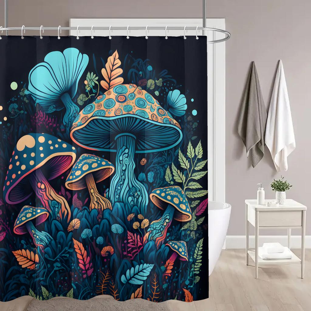 4-Piece Set Of Blue Cartoon Mushroom Printed Waterproof Shower Curtains With 12 Hooks And Bathroom Floor Mats