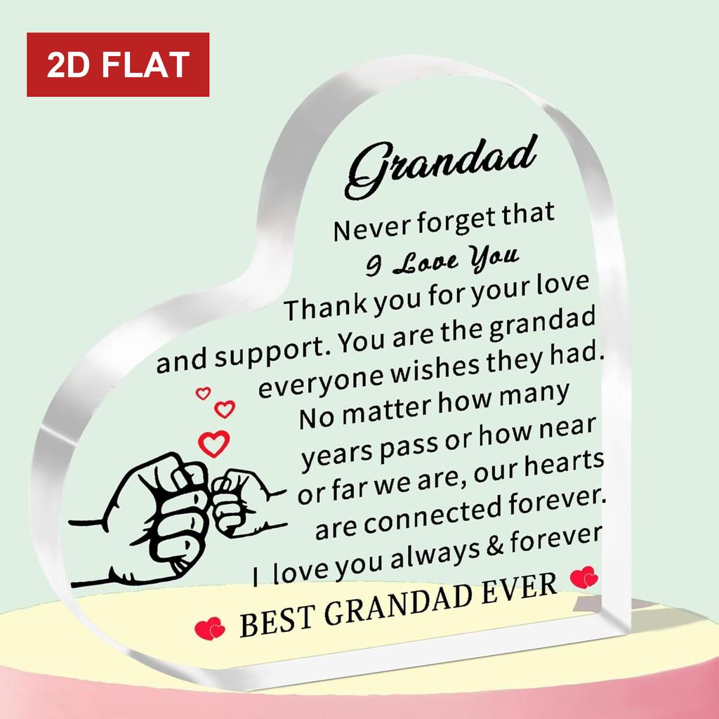 2D Flat Grandfather Gifts Heart-Shaped Glass Effect Plaque Presents for Grandfather Birthday Christmas Father'S Day Gifts from Granddaughter Grandson