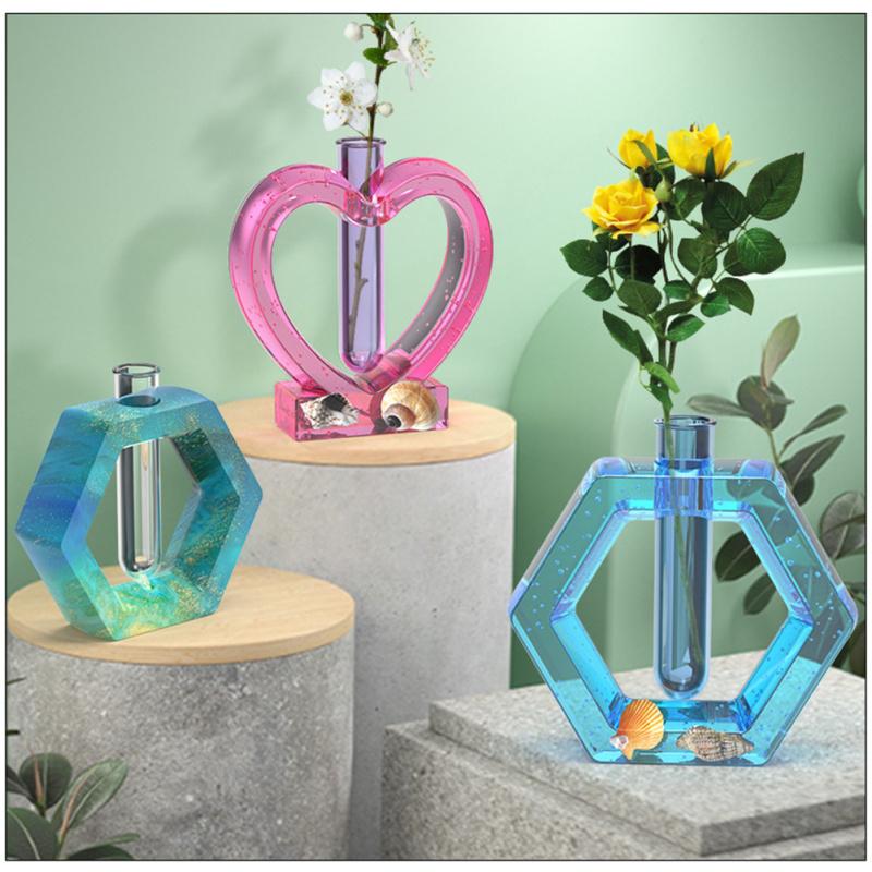 Silicone Flower Vase  Mold  Set Hex Love Shape Plant Propagation Station With Test Tube Flexible