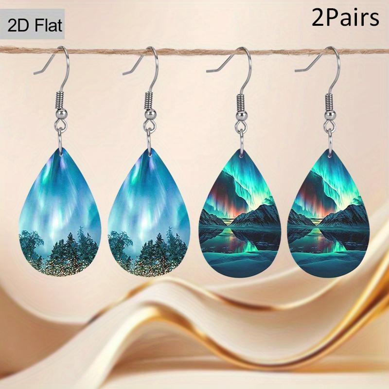 Boho Style Aurora Borealis Teardrop Earrings, Blue-Green PU Leather Earrings, Fashion Earrings, Elegant Earrings Party Earrings