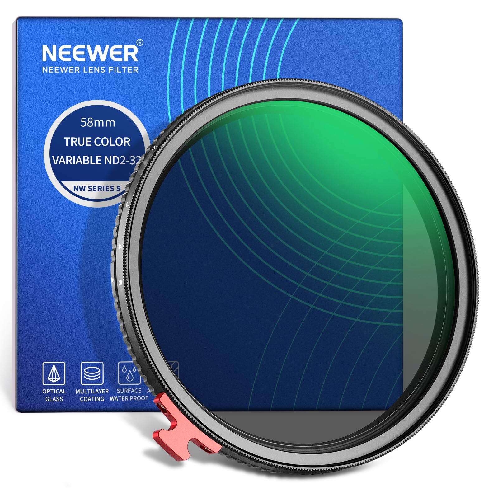 

NEEWER 58mm True Color Variable ND Limited Neutral Density Filter with HD Optical No Aluminum Alloy and Filter, ND2-32 (1-5 Stops), Pattern,