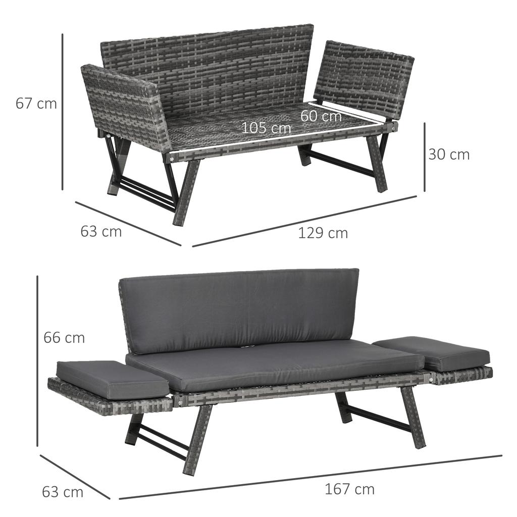 Poly Rattan Garden Sofa 2-Seater Garden Furniture Lounge Sofa Garden Bench Garden Lounger Foldable Armrests Steel Grey 129 x 63 x 67 cm