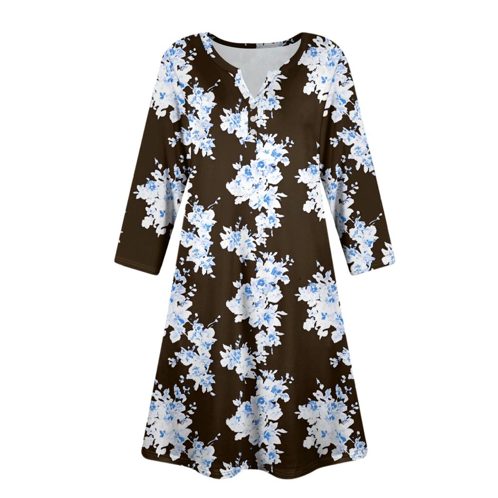 Abito Floreale da Donna alla Moda con Scollo a V, Bottoni, Maniche a Sette Quarti, Tasca