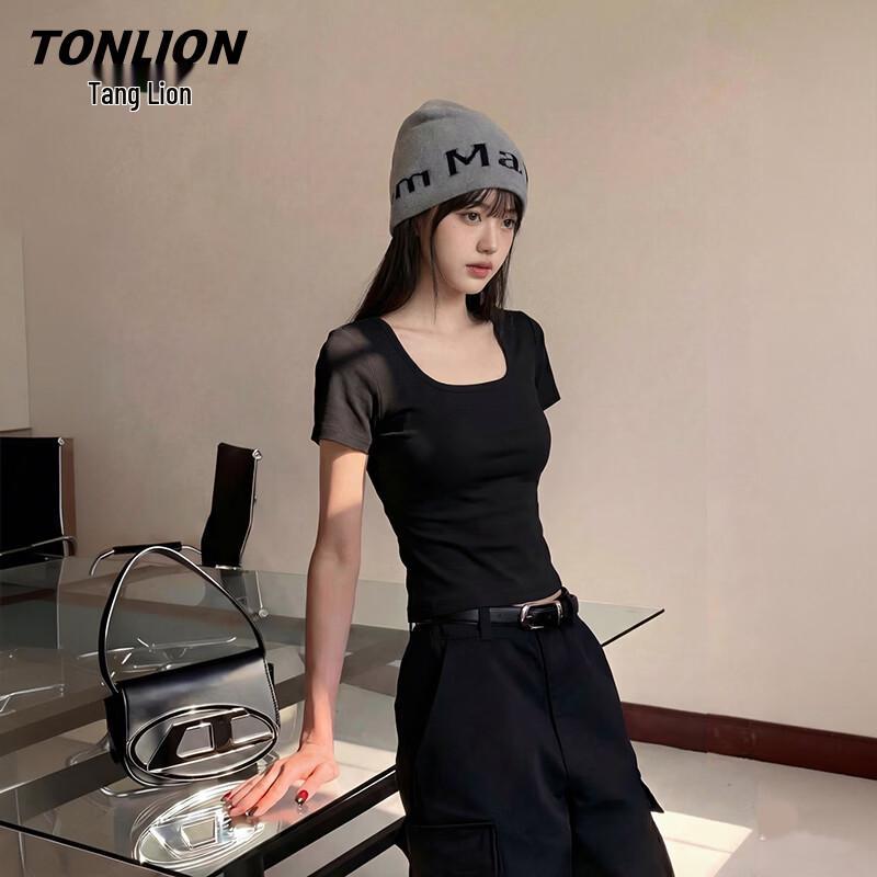 TonLion Women s Square Neck Slim-Fit Short-Sleeve T-Shirt L