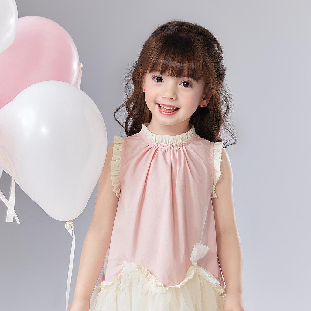 [A-line version mesh wood ear] Infant and young girls' dress 25 summer children's casual fashion top
