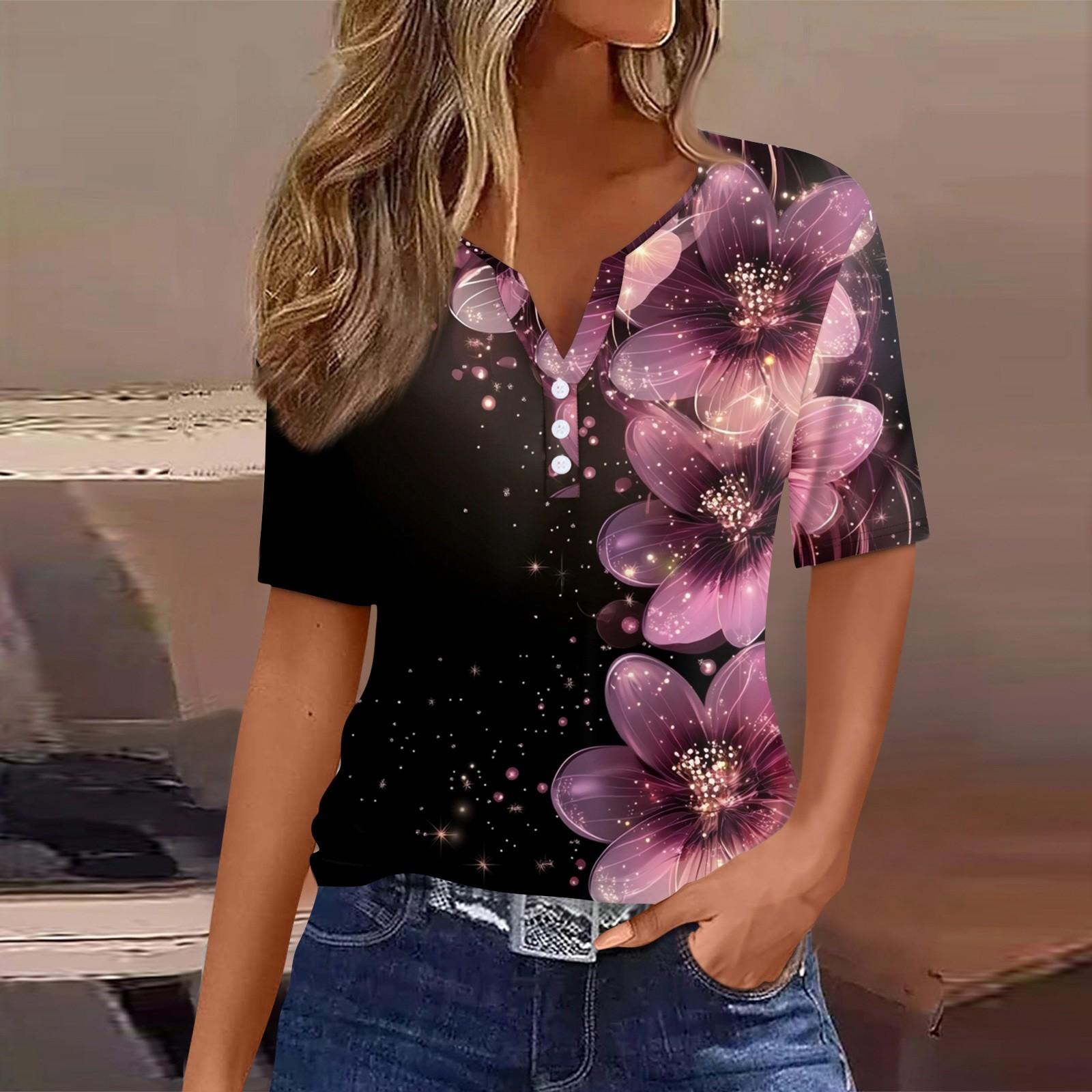 

Женская повседневная футболка с коротким рукавом и V-образным вырезом, декоративная отделка пуговицами XXL розовый