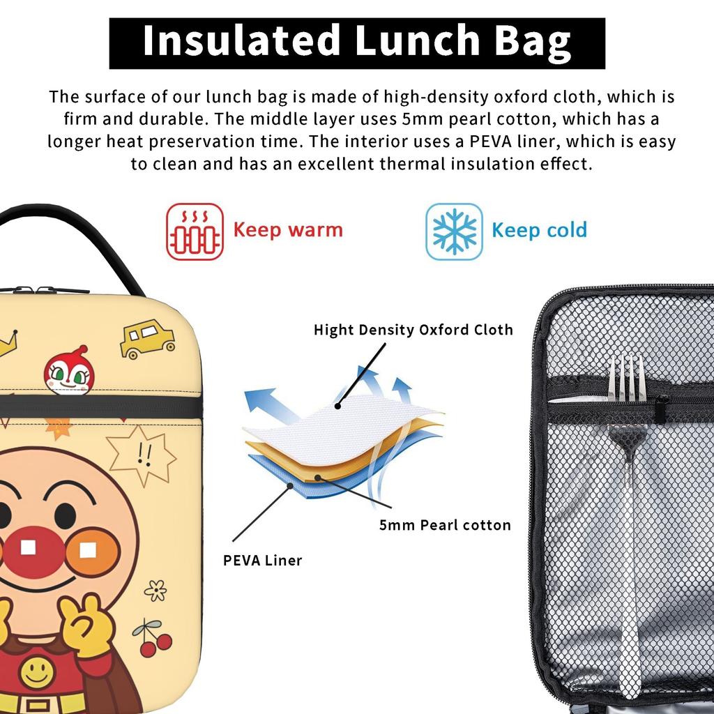 A-Anpanmans Insulated Lunch Bag High Capacity Baikinman Dokinchan Horaman Melon Girl Reusable Thermal Bag Tote Lunch Box